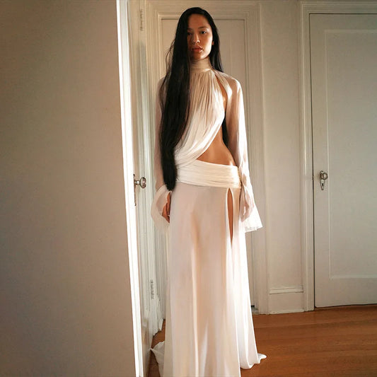 White Mesh Sheer 2 Piece Set Turtleneck Flared Sleeve Top Split Skirt Sexy Outfits Women's Matching Sets
