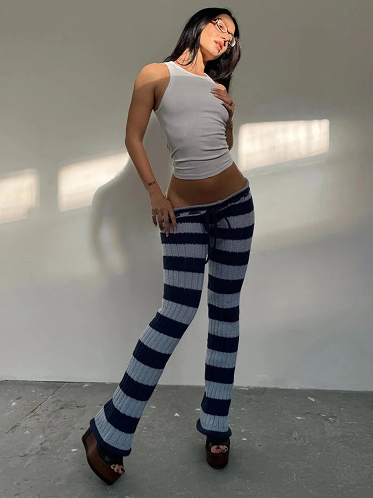 Autumn Trend Long Pants Woman Stripe Patchwork Crochet Shirring Elastic High Waist Skinny Peach Hip Street Style Bottoms