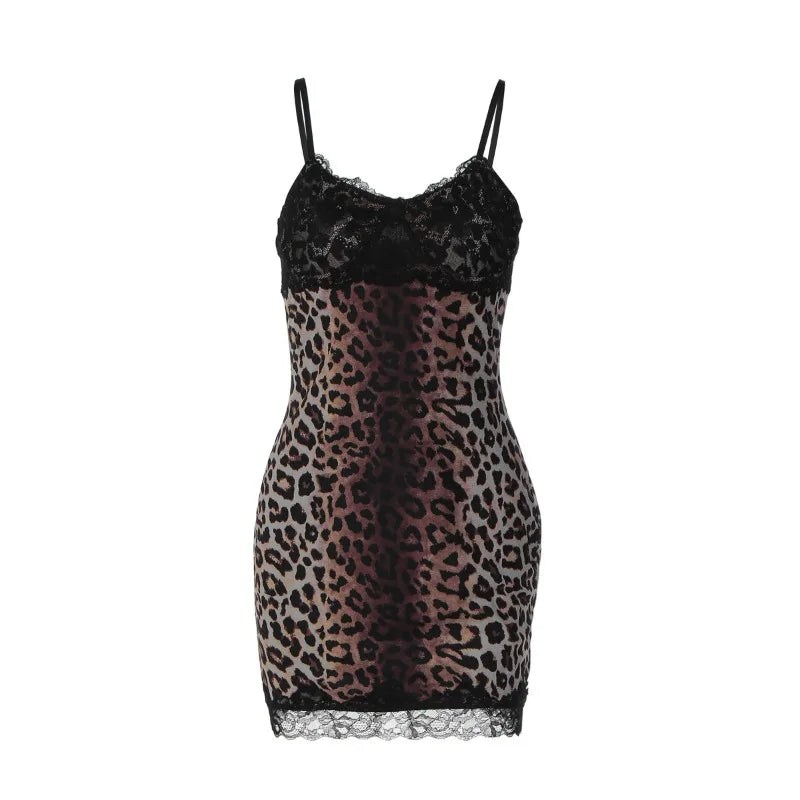 Lace Trim Leopard Print Bodycon Dresses Sexy Spaghetti Strap Backless Mini Dress Woman Clothing Club Wear