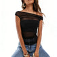 Summer Ladies Sheer Polka Dot Mesh Top Asymmetric Off Shoulder Ruched Sleeveless Blouse Casual Daily Summer Streetwear