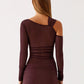 Inclined Shoulder Long Sleeve Sexy Mini Dress Women Fashion Mesh See Through Backless Ruched Club Party Dresses Female