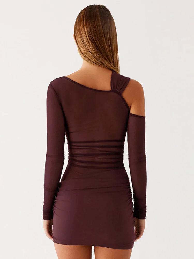 Inclined Shoulder Long Sleeve Sexy Mini Dress Women Fashion Mesh See Through Backless Ruched Club Party Dresses Female