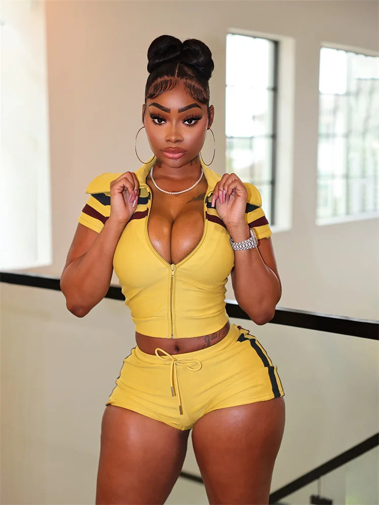 Stripe Print Sporty Style 2-Piece Set Lapel Zipper t-Shirt+Drawstring Simple Short Street Leisure Summer Fashion Suit