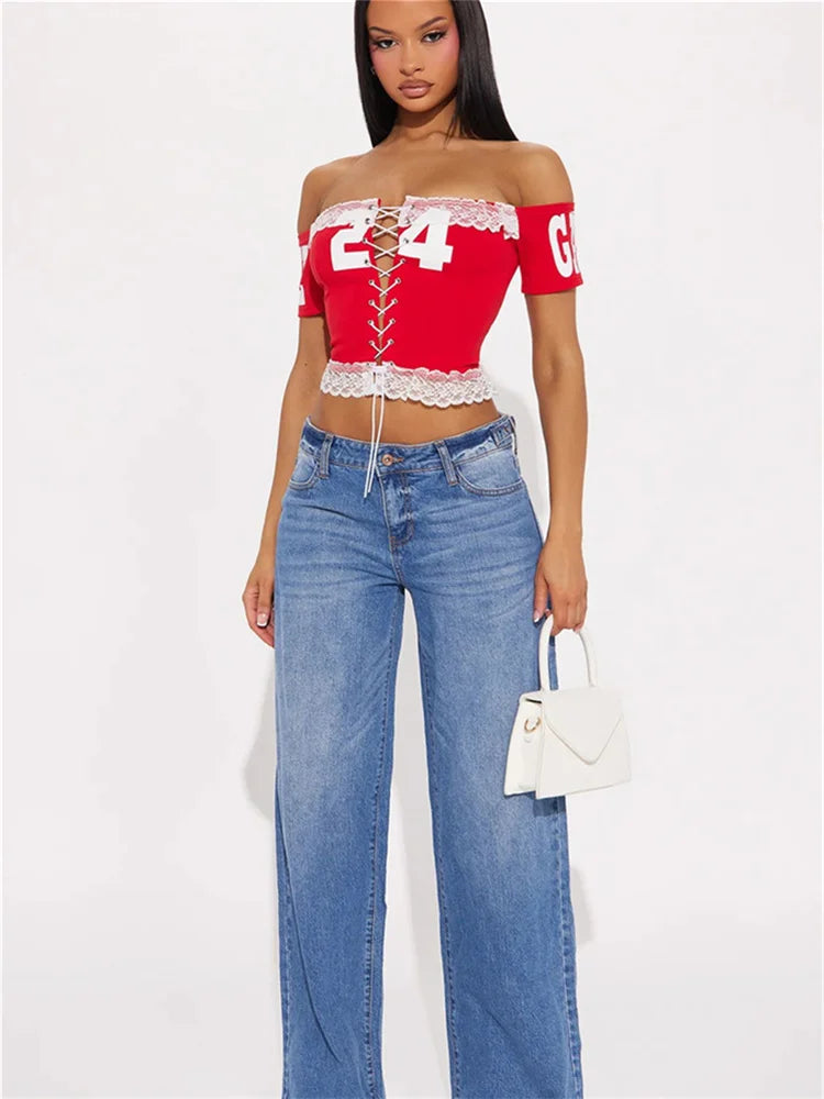 Patchwork Lace crop top Women Bandage Y2K Number Print Slash Neck Skinny Summer Sexy Backless Hollow Shirring Tees