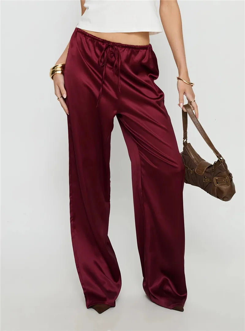 Women's Satin Silk Solid Color Pants Elegant Elastic Drawstring Waist Loose Fit Trousers for All Seasons Y2K Streetwear