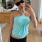 Hottie Backless Tank Top Women Sexy Halter Bandages Ruched Patchwork Sleeveless Fashion Simple Party Street Club Vest