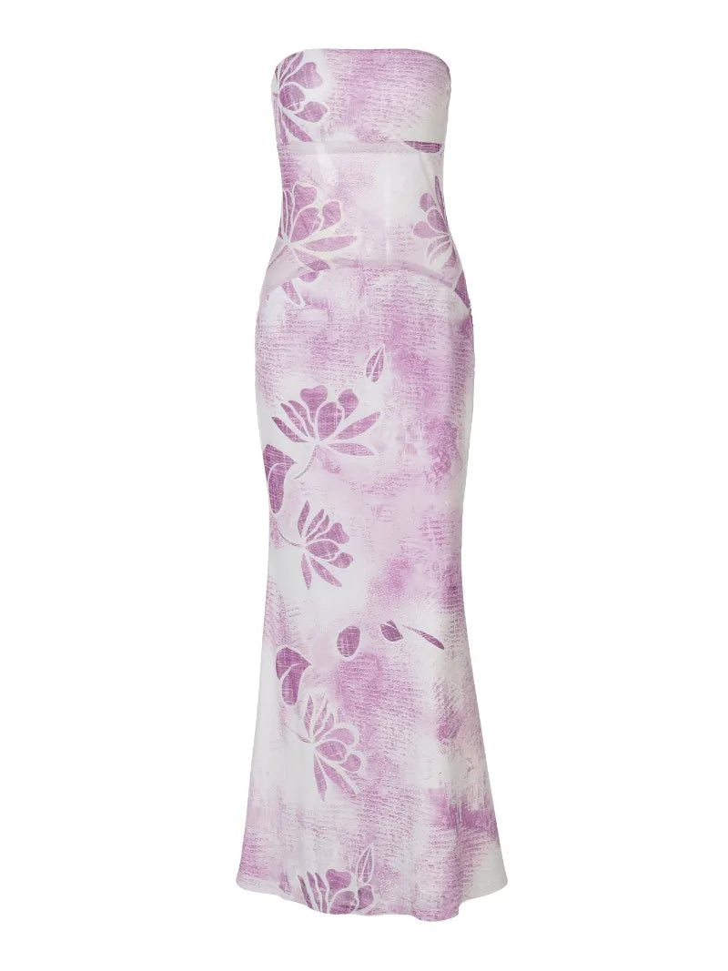 Purple Floral Print Party Dresses for Wedding Guest Strapless Backless Maxi Dress Elegant Woman Clothes