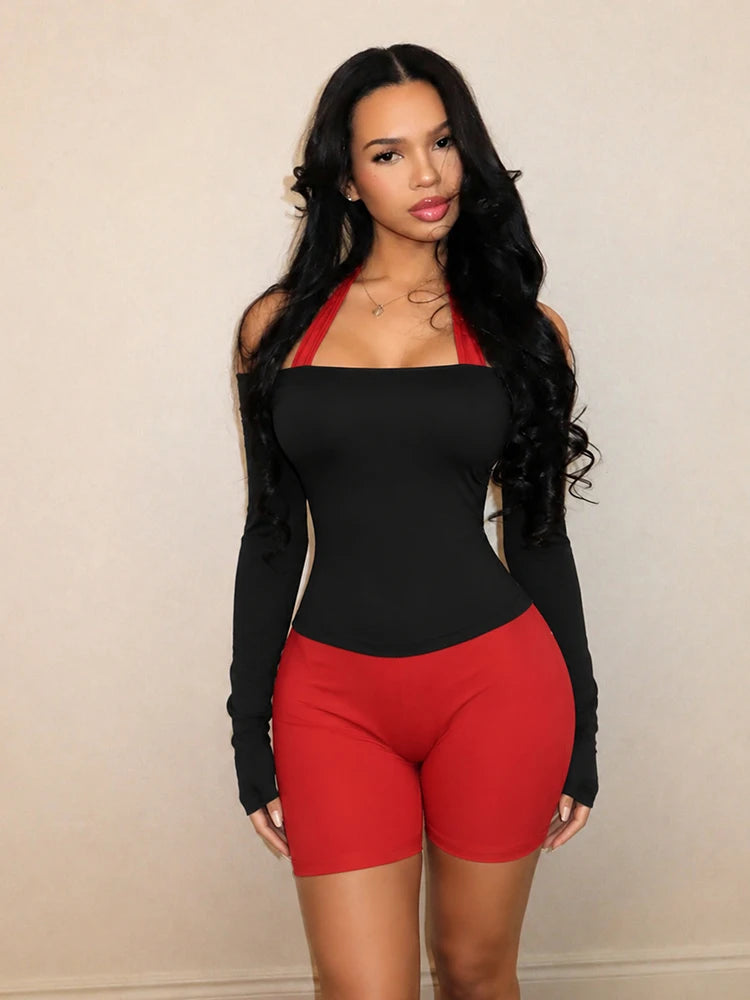 Color-Blocking Match 2 Piece Set Woman Slash Neck Full Sleeve T-Shirts+Halter Backless Skinny Peach Hip Rompers Suits