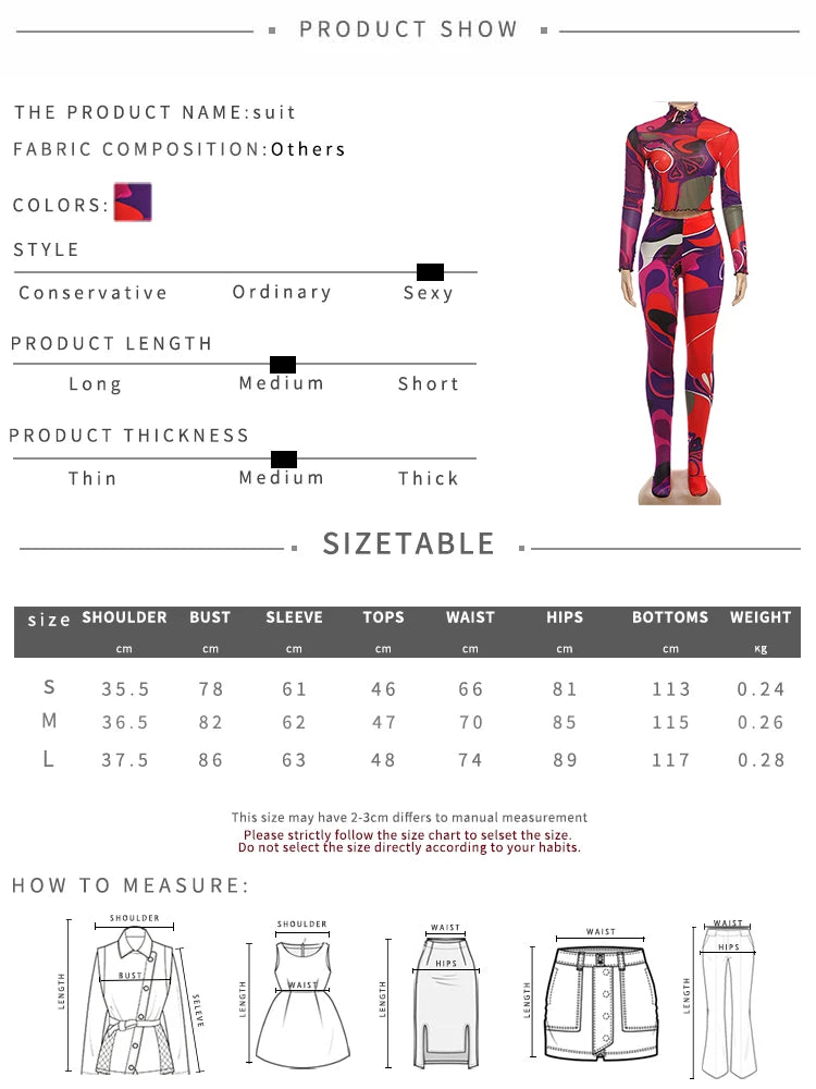 Sexy Sporty 2-Piece Set Women Tracksuit Sporty Fall Crop Tops+Leggings Matching Tight Stretch Colorful Print Streetwear