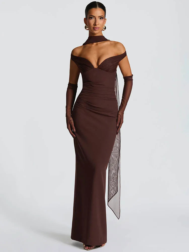 Scarf Collar Off-shoulder Sexy Maxi Dress Women Gown Fashion With Sleeve Strapless Backless Club Party Long Dresses