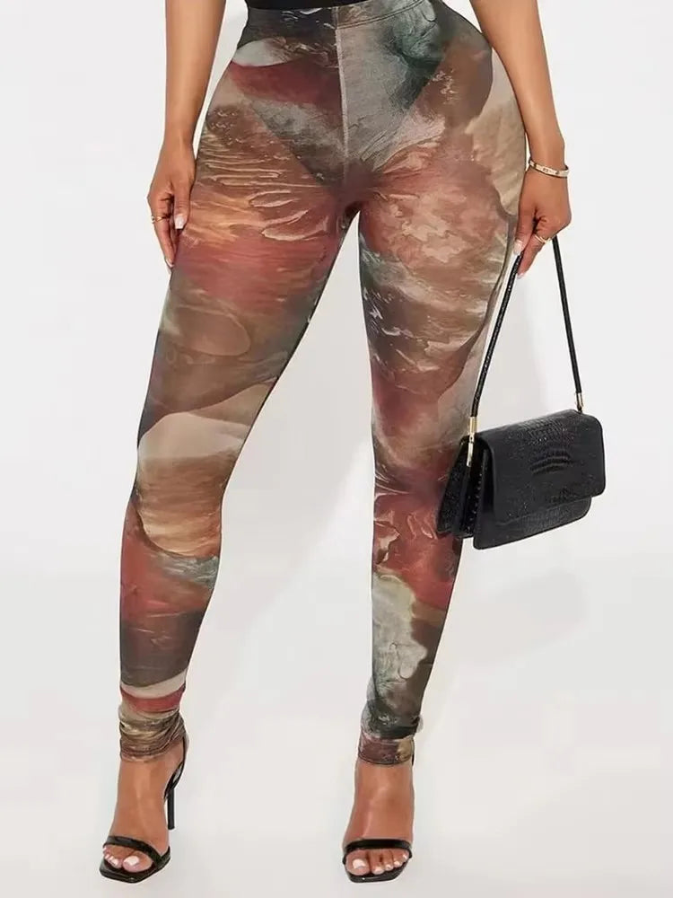 Sexy See Through Women Leggings Colorful Print High Waist Tight Midnight Party Club Y2K Stretch Skinny Long Trousers