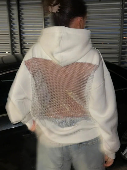 See Through Mesh Splicing Oversized Hoodies for Woman Winter Clothes Long Sleeve Tops Streetwear Pullovers