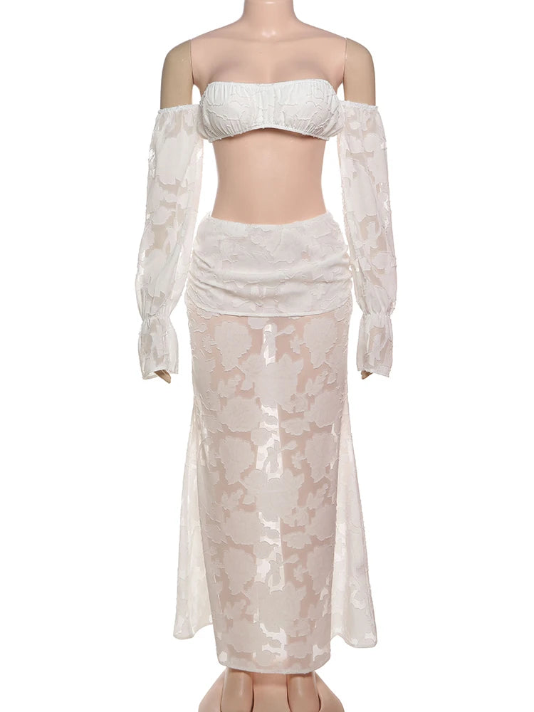 Mesh Patchwork 2 Piece Set Women Sexy Slash Neck Flared Sleeve Crop Tops+A-Line Long Skirts Beach Party Elegant Suits