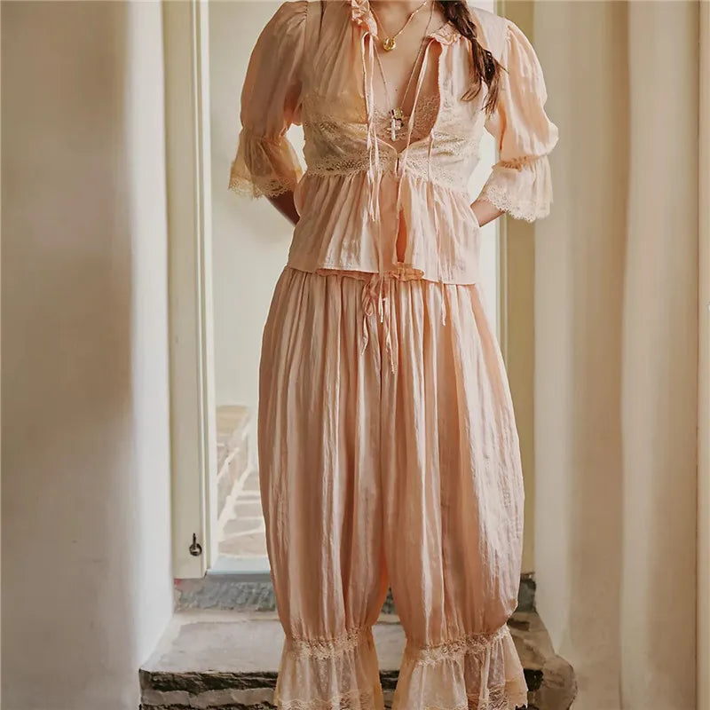 Women Lace Trim 2 Piece Pajamas Sets Y2k Bow Tie Front Short Sleeve Shirts + Ruffle Flared Lantern Pants Loungewear