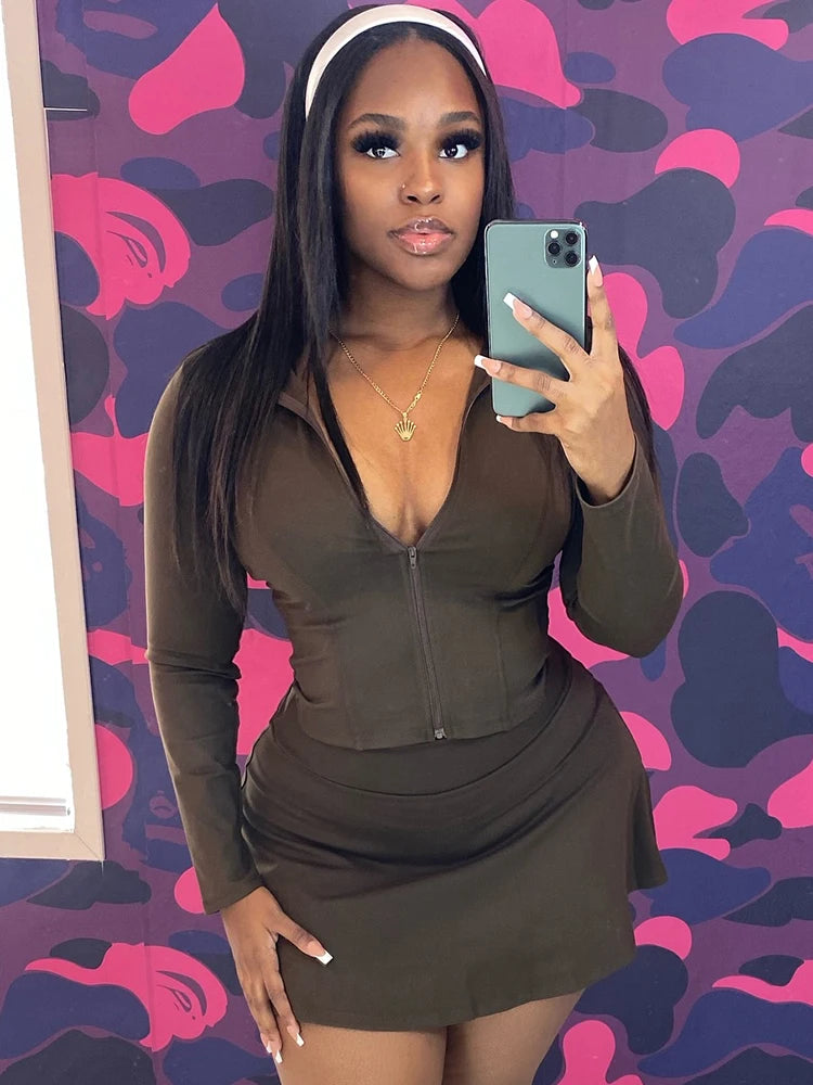 Y2K Solid Style 2 Piece Set Women Zipper Cardigan Full Sleeve Tops+Ruched Mini Skirts Daily Casual Simple Streetwear