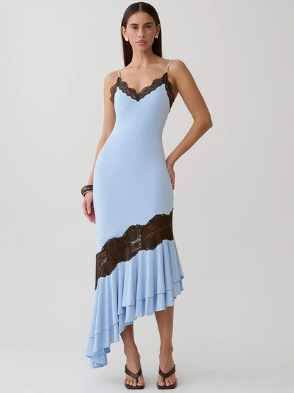 Women Spaghetti Strap V‑Neck Sexy Midi Dress Contrast White Lace Patchwork Ruffle Hem Bodycon Party Evening Dresses