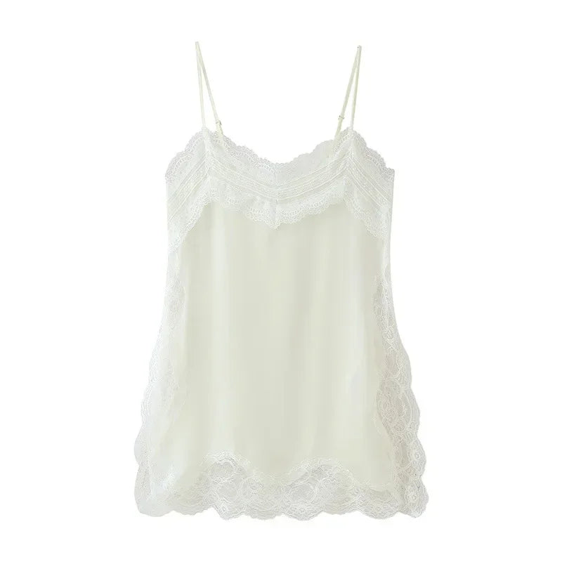 Women Lace Trim Satin High Low Tops Silk Spaghetti Strap Side Split Asymmetrical Cami Top Flowy Silky Layering Tops