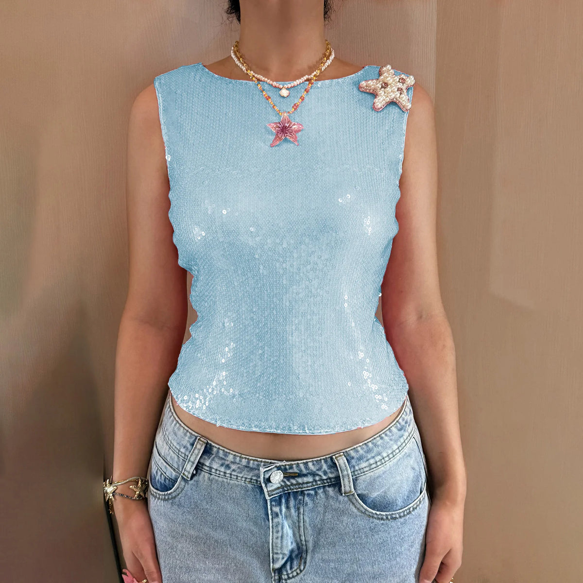 Women Y2K Sequin Pearl Starfish Tank Tops Teen Girls Sea Star Shiny Sleeveless Shirt Glitter Sparkly Summer Cami Top