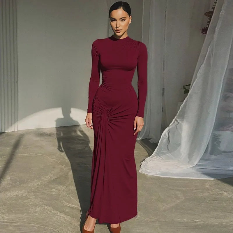 Long Sleeve Ruched Maxi Dress Solid Color Elegant Dresses for Woman Party Outfits Autumn 2025