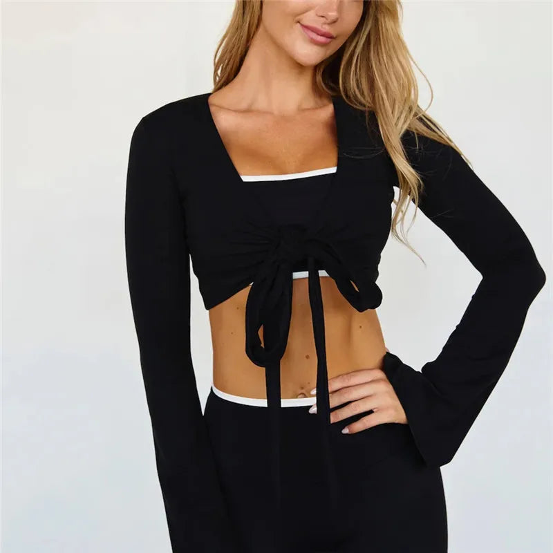Casual Long Sleeve Criss Cross Yoga Tee Shirt Women Pilates Wrap Top Self-Tie Workout Crop Tops Y2k Ballet Blouses