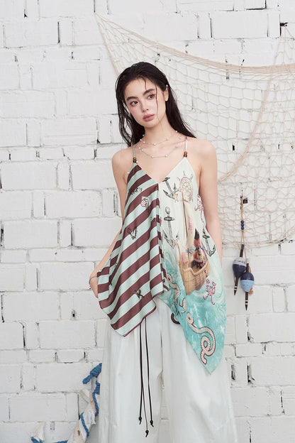 Nautical Print Chiffon Cami Top, Asymmetrical Patchwork Sleeveless Blouse
