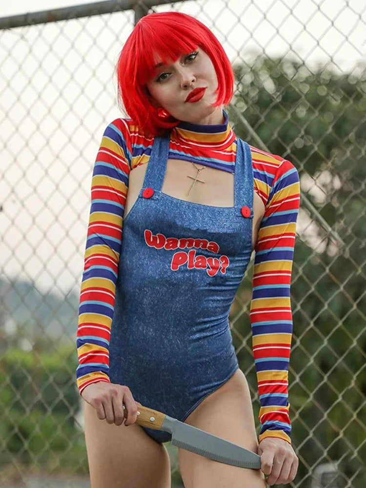 Halloween Costumes for Women Scary Nightmare Killer Doll Wanna Play Movie Character Bodysuit Chucky Doll Costume Set