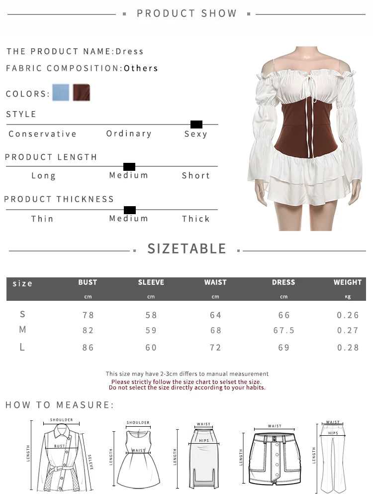 Sweet Patchwork Dress Women Lace Up Slash Neck Long Puff Sleeve Skinny Low Rise Tierred Strecth Elegant Mini Bodycon