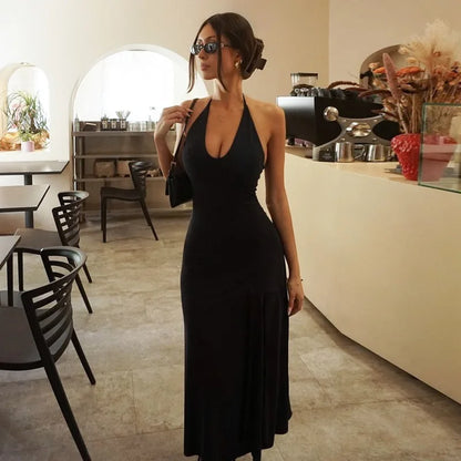 Halter Neck A-line Long Dresses Sexy Elegant Black Dresses for Woman Clothing