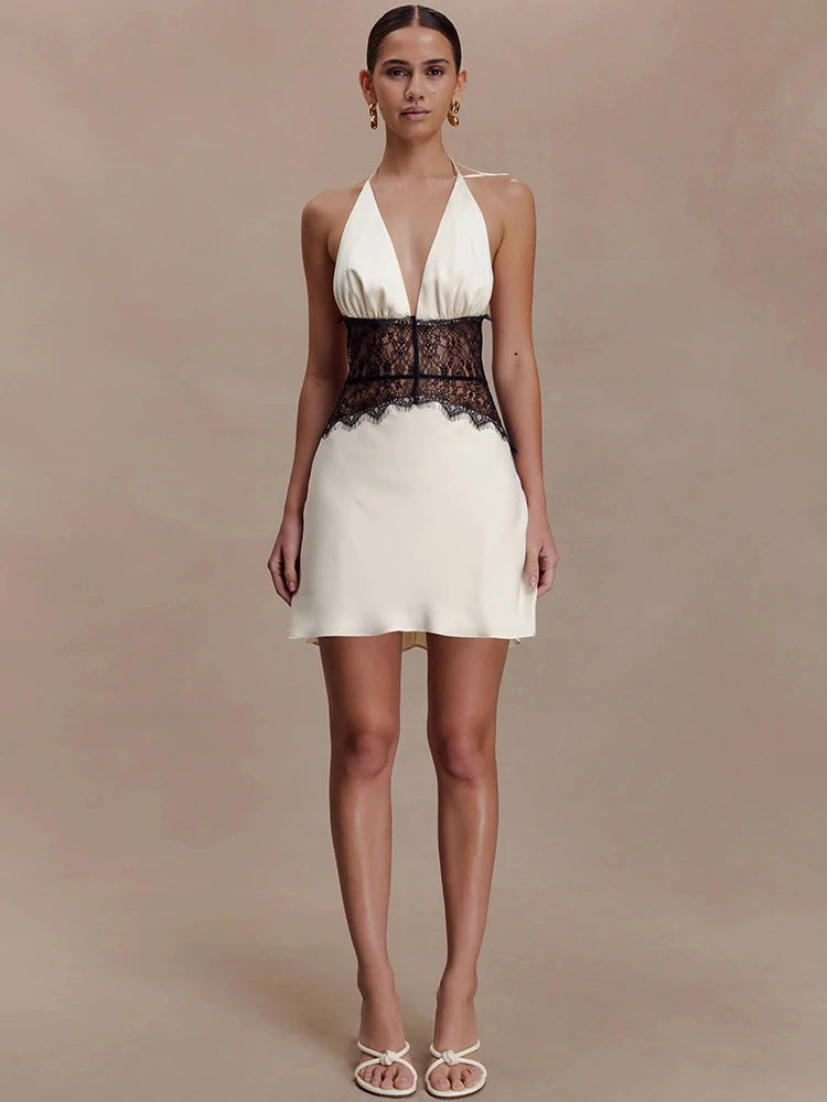 Lace Patchwork Sexy Mini Dress Women Gown Elegant Halter V Neck Sleeveless Backless High Waist Club Party Dresses