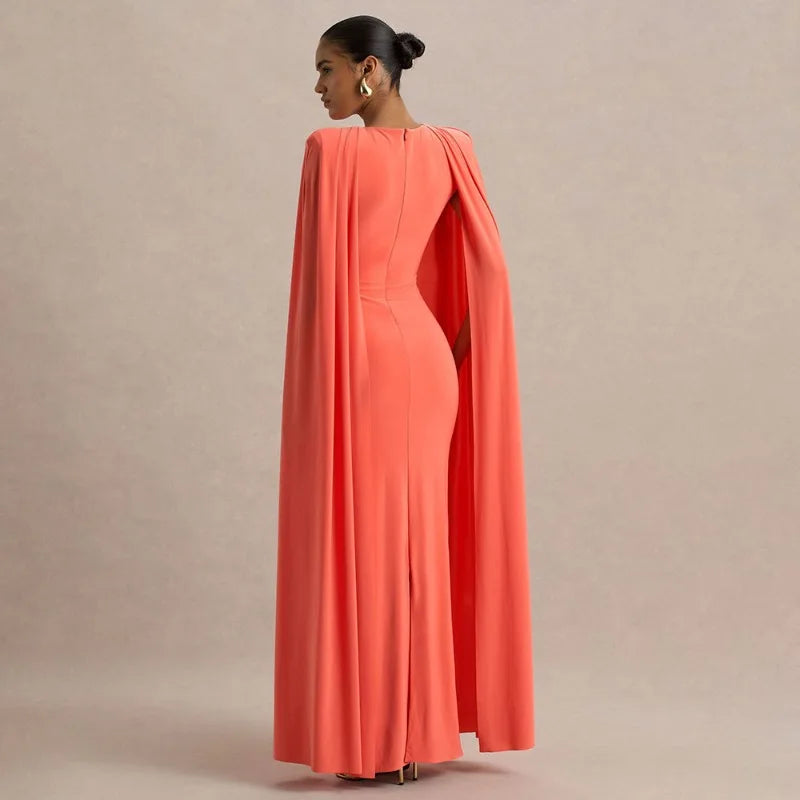 White Slashed-Neck Maxi Dress with Cape Sleeve Women's Winter Elegant Evening Party Dresses