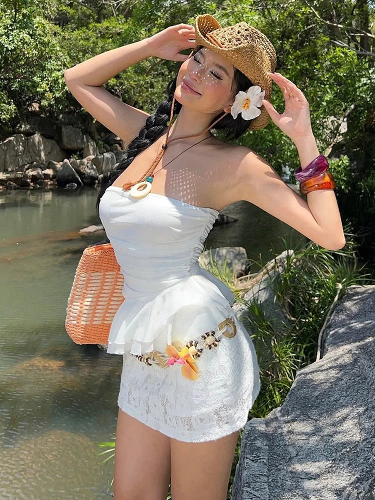 Ruched Strapless Tops Women Tierred Hem Skinny Sweet Beach Vacation Party Summer Trend Simple Classic Clubwear Vest