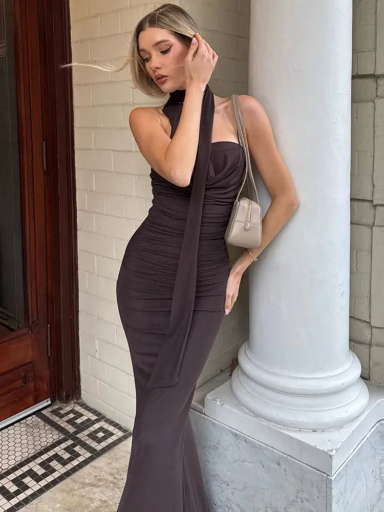 Halter Off-shoulder Sexy Maxi Dress For Women Coffee Strapless Sleeveless Backless Bodycon Club Party Long Dresses