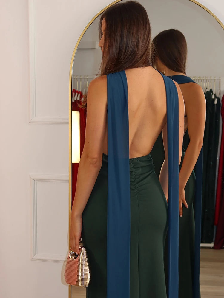 Women Elegant Halter Maxi Dress Sleeveless High Neck Mermaid Evening Party Dress Bodycon Club Ribbon Formal Prom Gown