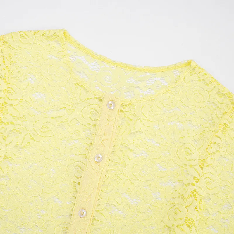 Fall Two Piece Sets See Through Lace Long Sleeve Cardigan Top and Maxi Skirt Set Sexy Beach Vacation Outfits