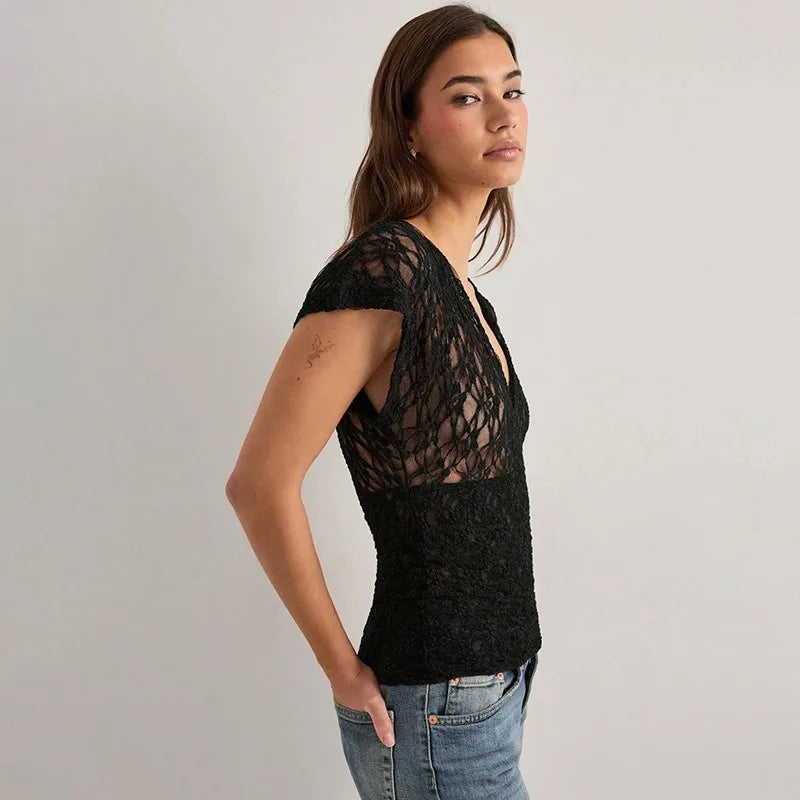Black Lace Sheer V Neck Crop Top with Short Cap Sleeves Sexy T Shirts Fashion 2026 Woman Clothing