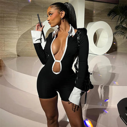 Black One Piece Jumpsuit Sexy Lace Up Hollow Out Backless Deep V Long Sleeve Rompers Women Nightclub Outfits