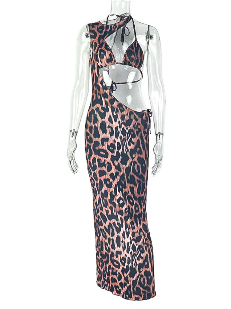 Leopard Print 2 Piece Set Women Lace-Up Halter Bra Tops+Irregular Hollow Waistless Maxi Dress Vacation Fashion Suit