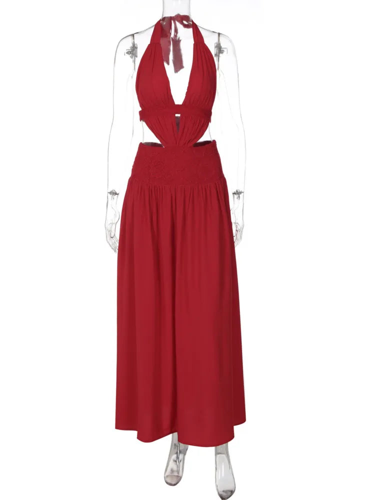 Halter Deep V Neck Backless Sexy Maxi Dress Women Elegant Off-shoulder Sleeveless Bodycon Club Party Long Dress Female