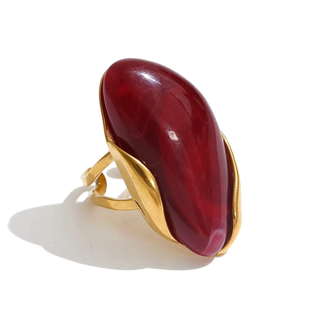 New Design Brown Green Beige Resin Geometric Adjustable Ring Golden PVD Stainless Steel Rust Proof Finger Jewelry Gift