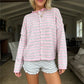 Womens Fuzzy Striped Knit Cardigan Round Neck Button Front Long Sleeve Loose Casual Sweater Jacket Winter Fall Outerwear