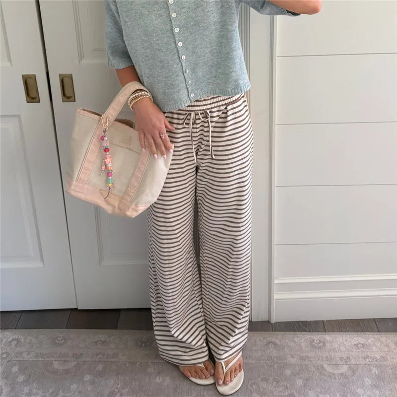 Women Ruffle Drawstring Elastic Waist Striped Wide Leg Pants Soft Loose Lightweight Beach Casual Daily Wear Trousers