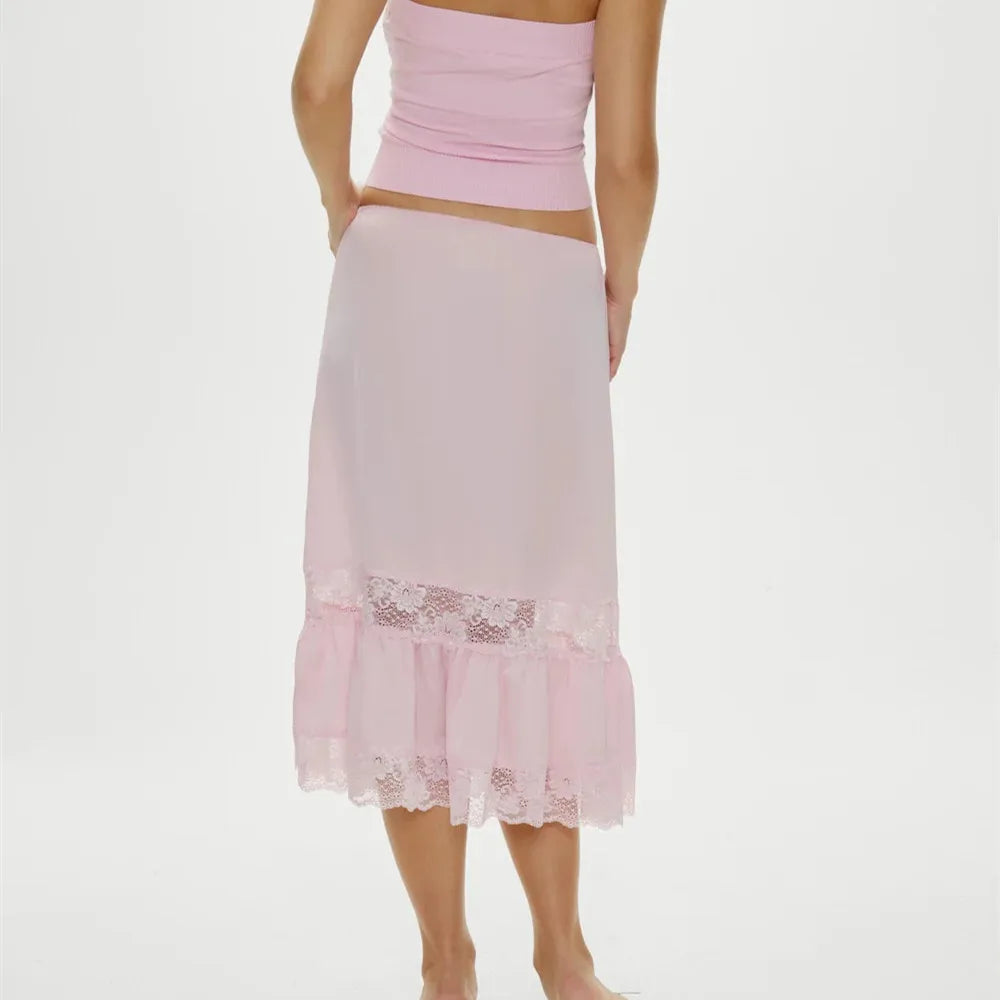 Women Half Slip Long Skirt Lace Trim Satin Underskirt Elastic Waist Aline Silky Slips Skirt for Under Dress Party Club