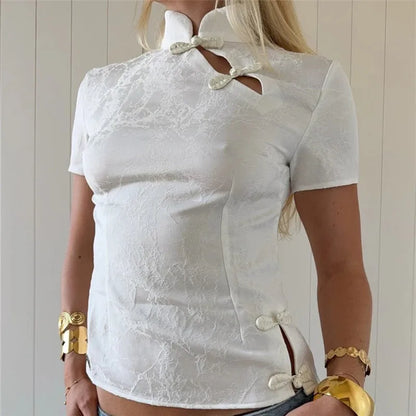 Women White Cheongsam Style Top Short Sleeve Stand Collar Frog Button Blouse Fitted Jacquard Crop Top with Side Slits