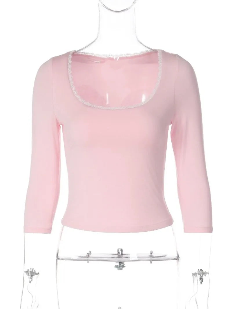 Lace Trim Scoop Neck Half Sleeve Crop Tops for Woman Pink T Shirts 2026 Fall Cutecore Clothes 2000s