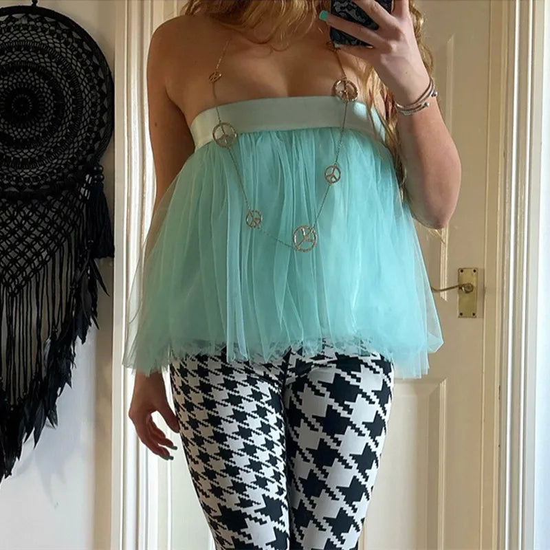 Womens Y2K Fairy Mesh Tulle Tube Top Strapless Bandeau Sheer Flowy Puff Cropped Blouse Sleeveless Loose Top Rave Party