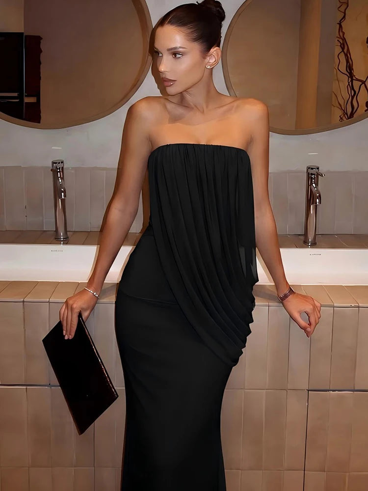 Strapless Draped Sexy Maxi Dress Elegant Bodycon Long Evening Party Dress Sleeveless Pleated Formal Wedding Guest Dress