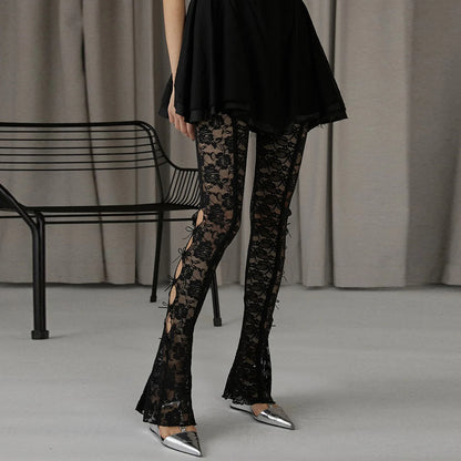 Women's Lingerie Lace Flare Pants High Waist Side Cutout Mini Bow Slim Fit Sheer Mesh Leggings Trousers Club Streetwear