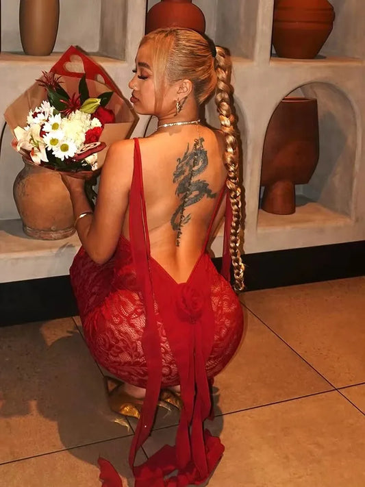 Mesh Patchwork Dress Women Sexy Jacquard Backless Sleeveless Long Ribbon Midnight Hipster Coquett Club Party Outfits