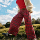 Women Y2k Gingham Wide Leg Mid Rise Holiday High Street Tartan Pants Vintage Plaid Baggy Trousers with Pockets