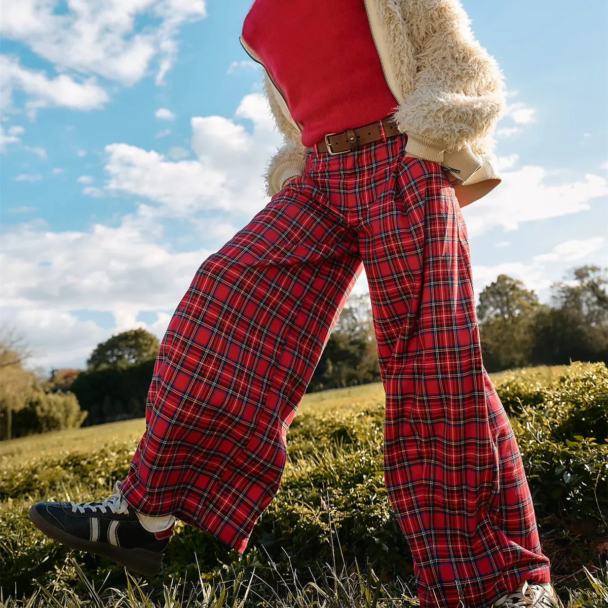 Women Y2k Gingham Wide Leg Mid Rise Holiday High Street Tartan Pants Vintage Plaid Baggy Trousers with Pockets